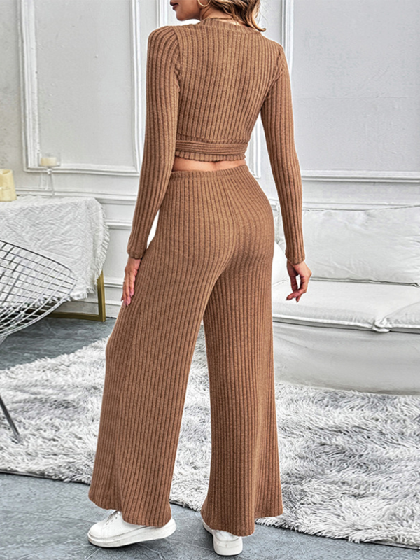 Pants Sets- Women Ribbed Coffee Outfit Flared Pants and Crop Top- - IndioGear.com