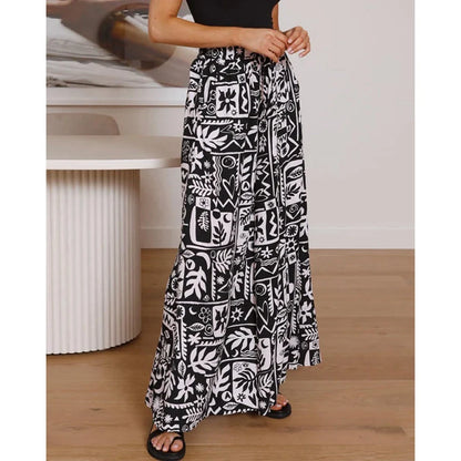 Pants- Spring Style Women's Floral Wide-Leg Smocked Pants- Black- IndioGear.com