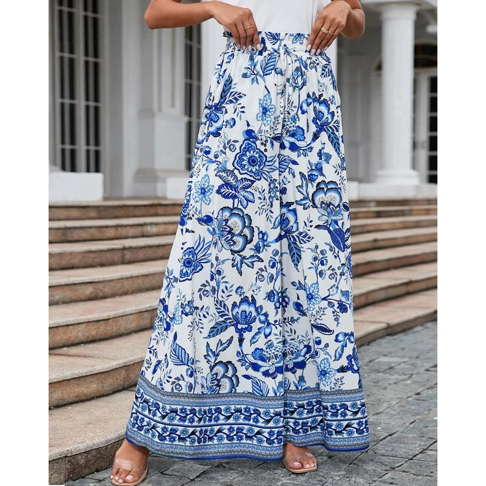 Pants- Spring Style Women's Floral Wide-Leg Smocked Pants- - IndioGear.com