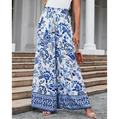 Pants- Spring Style Women's Floral Wide-Leg Smocked Pants- - IndioGear.com