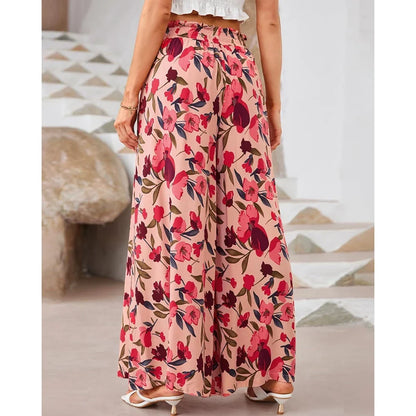 Pants- Spring Style Women's Floral Wide-Leg Smocked Pants- - IndioGear.com