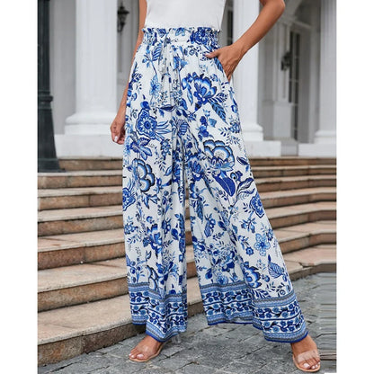 Pants- Spring Style Women's Floral Wide-Leg Smocked Pants- Blue- IndioGear.com