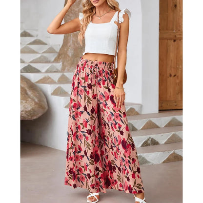 Pants- Spring Style Women's Floral Wide-Leg Smocked Pants- - IndioGear.com