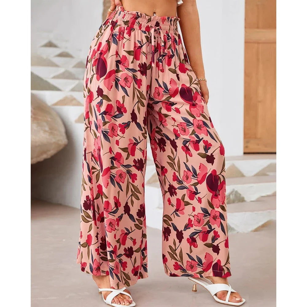 Pants- Spring Style Women's Floral Wide-Leg Smocked Pants- - IndioGear.com