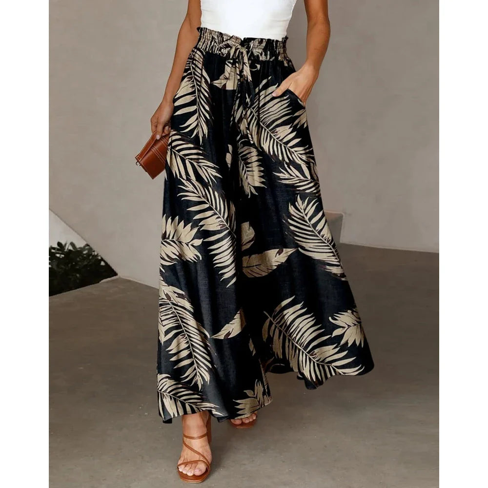 Pants- Spring Style Women's Floral Wide-Leg Smocked Pants- - IndioGear.com