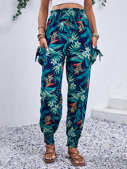 Pantalon de survêtement taille smockée pour femmes à imprimé tropical