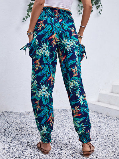 Pantalon de survêtement taille smockée pour femmes à imprimé tropical