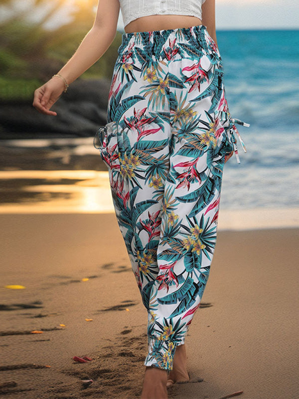 Pantalon de survêtement taille smockée pour femmes à imprimé tropical