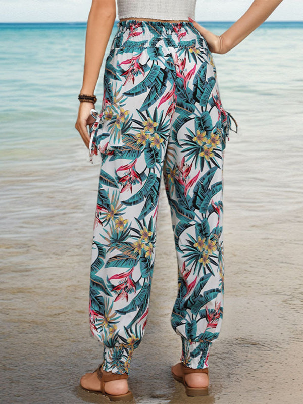 Women's Smocked Waist Sweatpants in Tropical Print