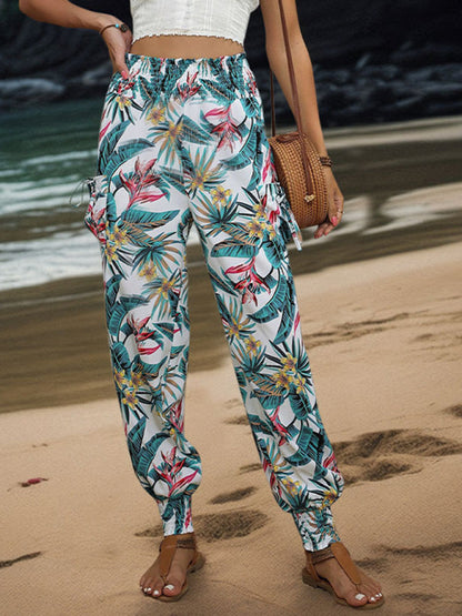 Pantalon de survêtement taille smockée pour femmes à imprimé tropical