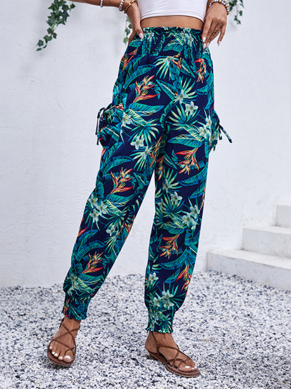 Pantalon de survêtement taille smockée pour femmes à imprimé tropical