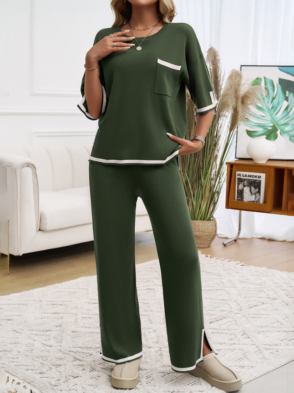 Pants set- Women Laid-back Outfit Straight-leg pants with Top- Olive green- IndioGear.com