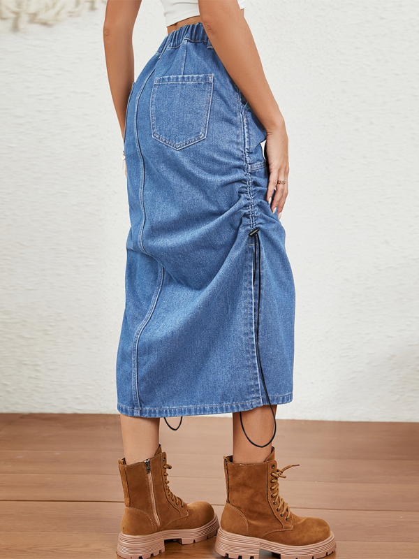 Parachute Skirt- Ruched Side Elasticated Waist Parachute Skirt in Denim- - IndioGear.com