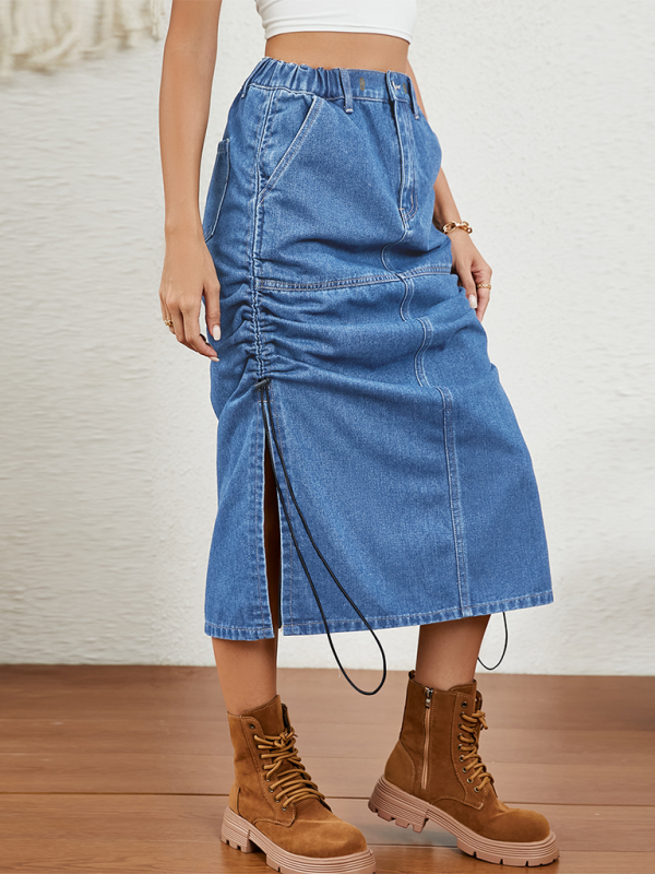 Parachute Skirt- Ruched Side Elasticated Waist Parachute Skirt in Denim- - IndioGear.com