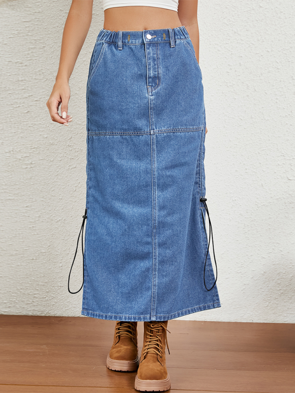 Parachute Skirt- Ruched Side Elasticated Waist Parachute Skirt in Denim- - IndioGear.com