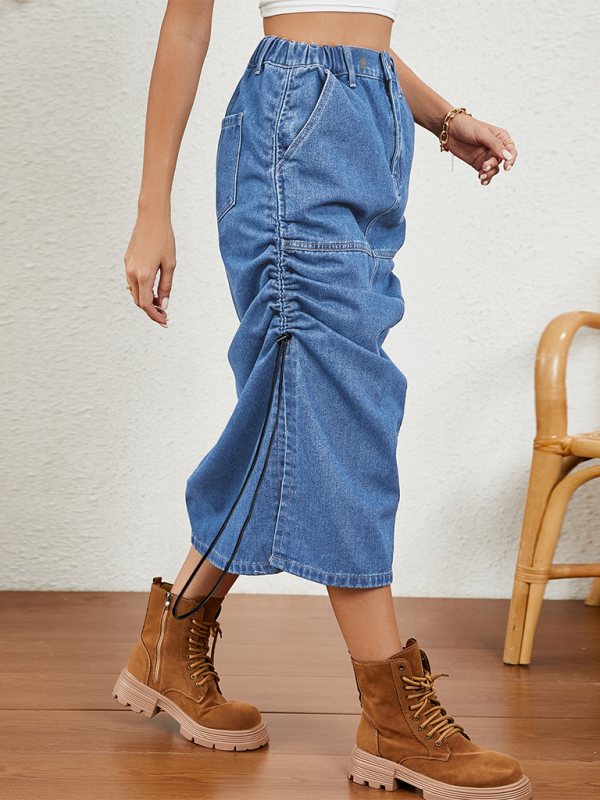 Parachute Skirt- Ruched Side Elasticated Waist Parachute Skirt in Denim- - IndioGear.com