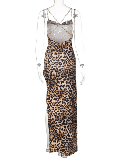 Party Dresse- Backless Leopard Print Party Maxi Dress with Thigh-High Slit- - IndioGear.com