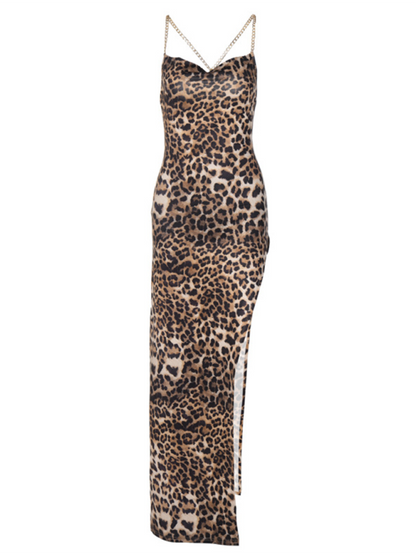 Party Dresse- Backless Leopard Print Party Maxi Dress with Thigh-High Slit- - IndioGear.com