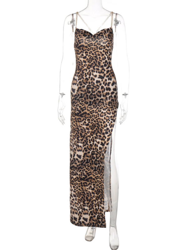 Party Dresse- Backless Leopard Print Party Maxi Dress with Thigh-High Slit- - IndioGear.com