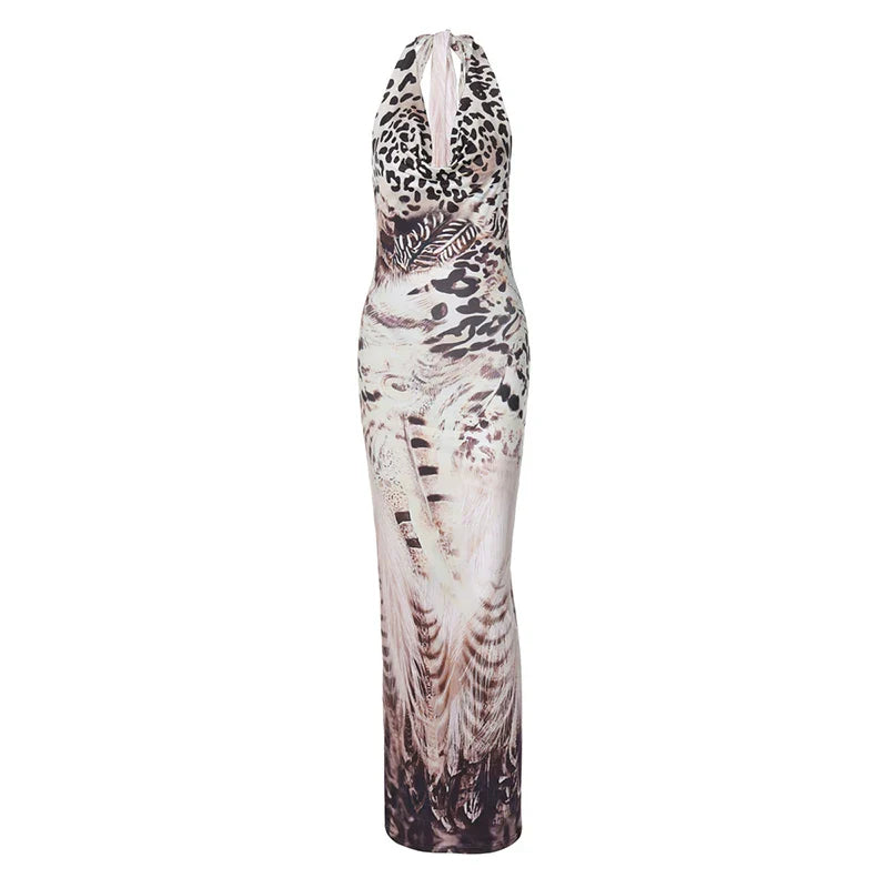 Party Dresses- Animal Print Cowl Plunging Party Maxi Dress- - IndioGear.com