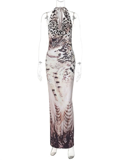 Party Dresses- Animal Print Cowl Plunging Party Maxi Dress- - IndioGear.com