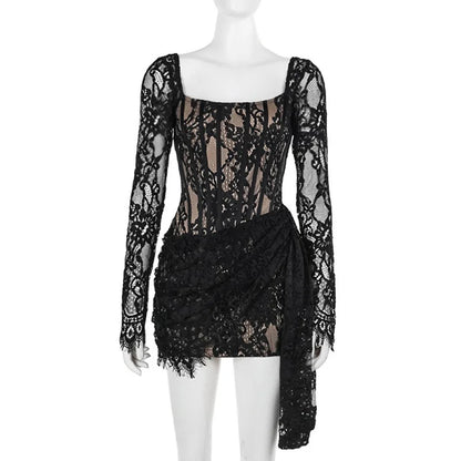 Party Dresses- Bachelorette Floral Lace Long Sleeve Tail Dress- - IndioGear Women Clothing