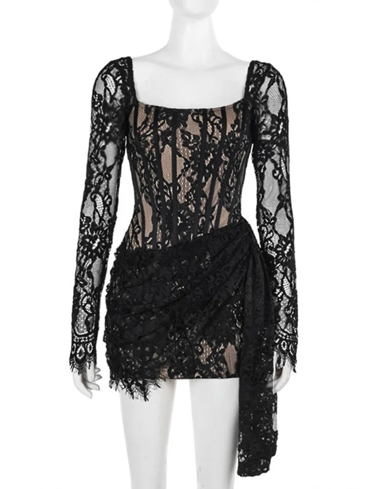 Party Dresses- Bachelorette Floral Lace Long Sleeve Tail Dress- - IndioGear Women Clothing