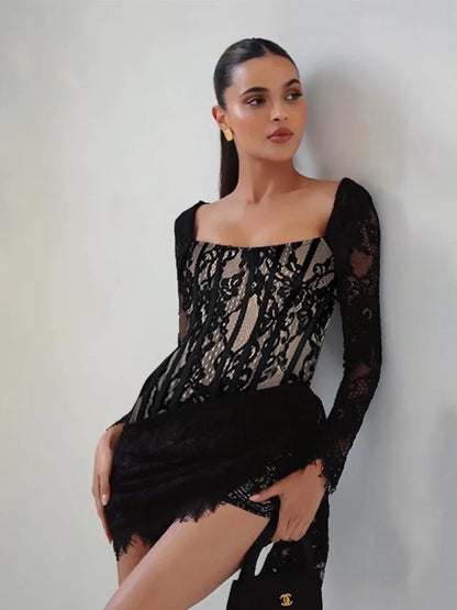 Party Dresses- Bachelorette Floral Lace Long Sleeve Tail Dress- - IndioGear Women Clothing