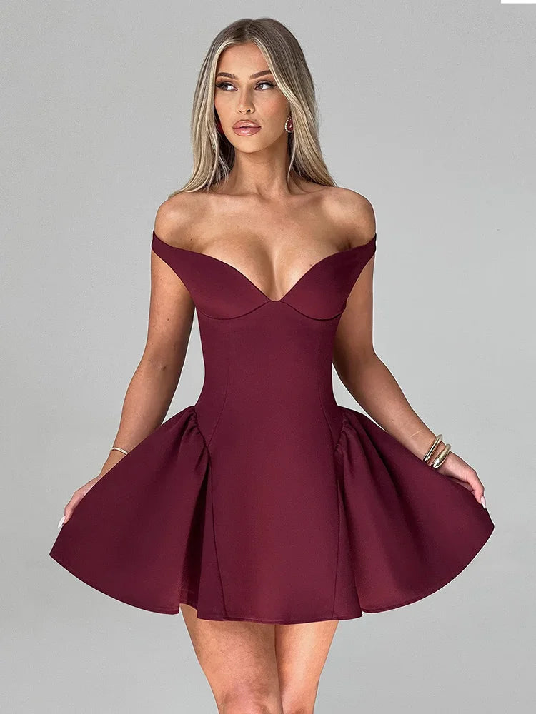 Party Dresses- Burgundy Off-Shoulder Flair Mini Dress with Scarf- - IndioGear Women Clothing