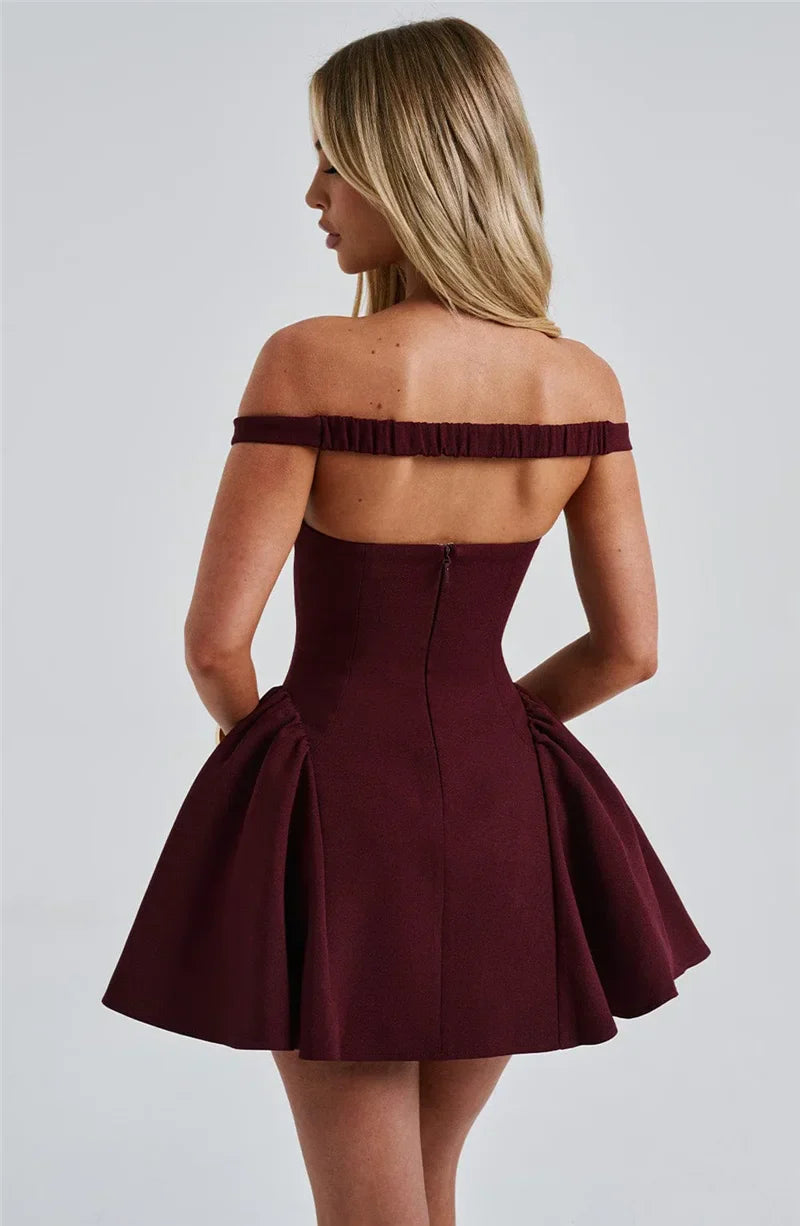 Party Dresses- Burgundy Off-Shoulder Flair Mini Dress with Scarf- - IndioGear Women Clothing