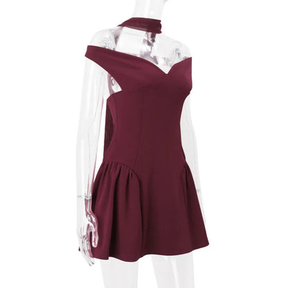 Party Dresses- Burgundy Off-Shoulder Flair Mini Dress with Scarf- - IndioGear Women Clothing