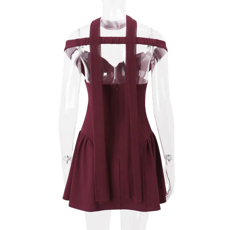 Party Dresses- Burgundy Off-Shoulder Flair Mini Dress with Scarf- - IndioGear Women Clothing