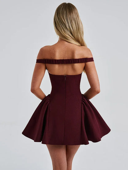 Party Dresses- Burgundy Off-Shoulder Flair Mini Dress with Scarf- - IndioGear Women Clothing