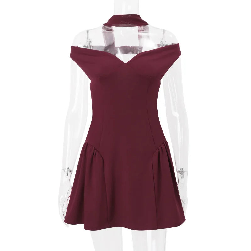 Party Dresses- Burgundy Off-Shoulder Flair Mini Dress with Scarf- Burgundy- IndioGear Women Clothing