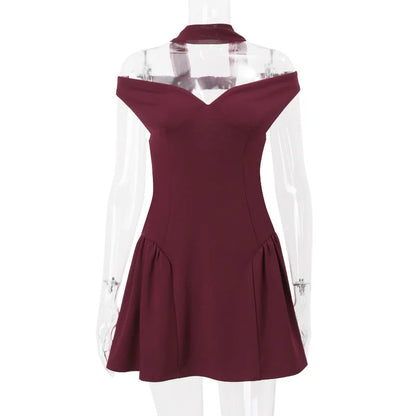 Party Dresses- Burgundy Off-Shoulder Flair Mini Dress with Scarf- Burgundy- IndioGear Women Clothing