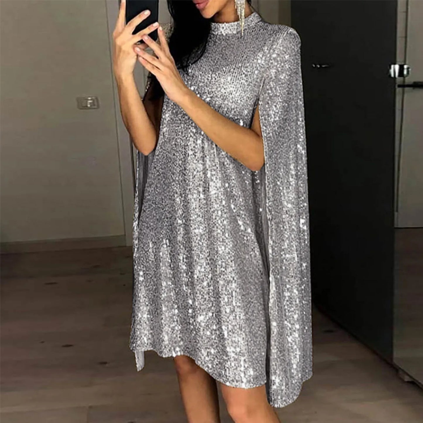 Party Dresses- Cape-like High-Neck Sequin Dress Perfect for Party Season- - IndioGear.com