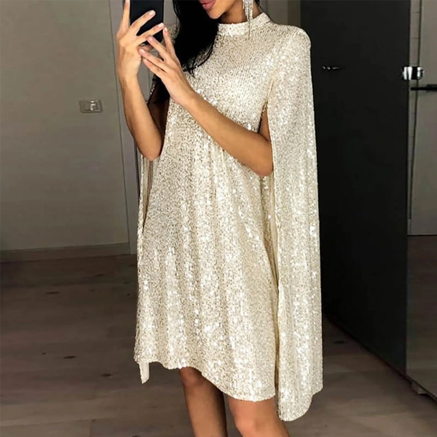 Party Dresses- Cape-like High-Neck Sequin Dress Perfect for Party Season- - IndioGear.com