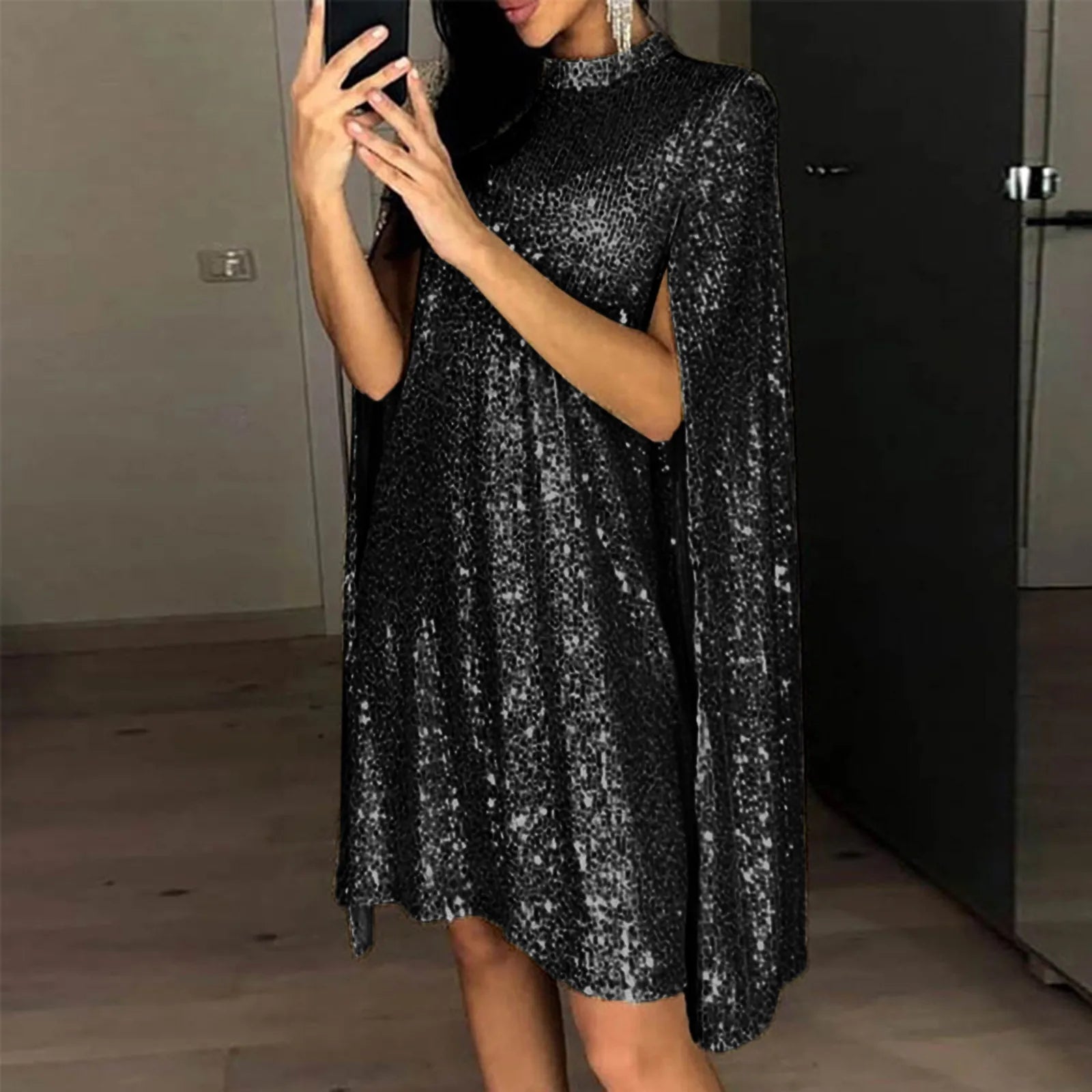 Party Dresses- Cape-like High-Neck Sequin Dress Perfect for Party Season- - IndioGear.com