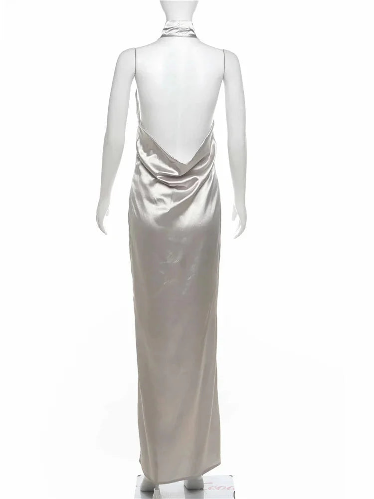 Party Dresses - Champagne Satin Slip Dress with Open Cowl Back