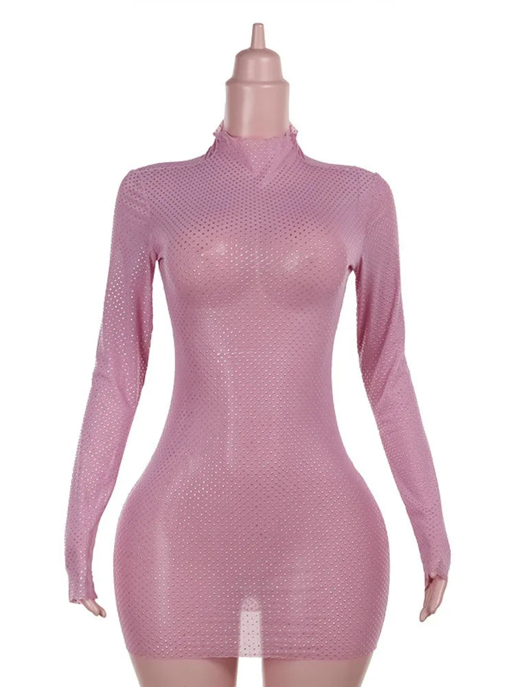 Party Dresses- Crystal-Embellished Disco Evening Mini Dress for Clubbing- Pink- IndioGear.com