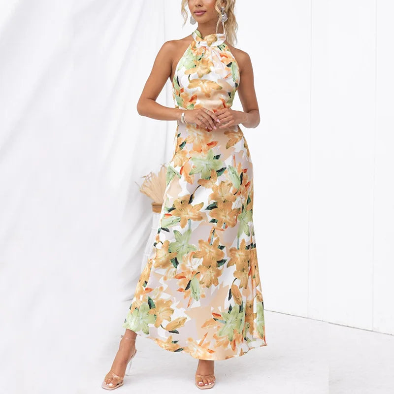 Party Dresses- Elegant Floral Halter Maxi Dress for Summer Weddings- - Chuzko Women Clothing