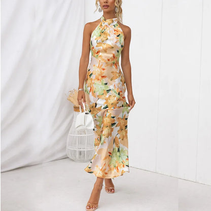 Party Dresses- Elegant Floral Halter Maxi Dress for Summer Weddings- - Chuzko Women Clothing