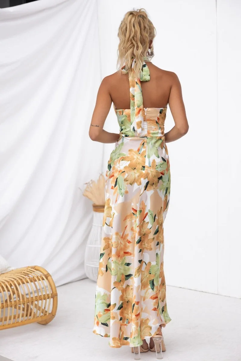 Party Dresses- Elegant Floral Halter Maxi Dress for Summer Weddings- - Chuzko Women Clothing