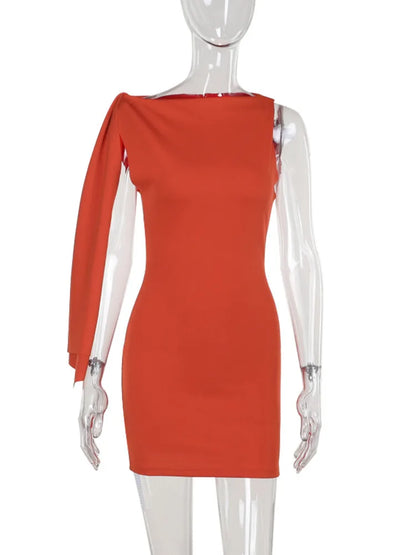 Party Dresses- Elegant One-Shoulder Cocktail Dress- Orange- IndioGear.com