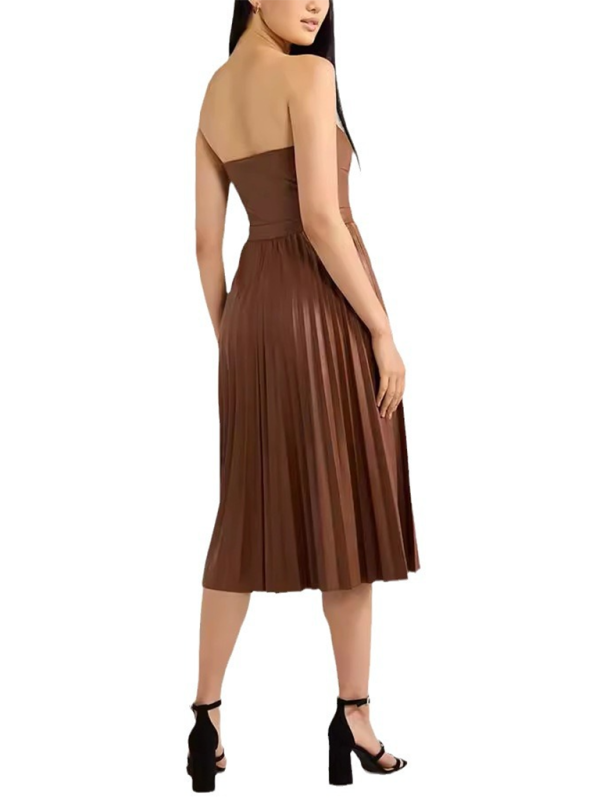 Party Dresses- Elegant Pleated Strapless Dress in Faux Leather- - IndioGear.com