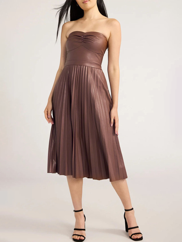 Party Dresses- Elegant Pleated Strapless Dress in Faux Leather- Coffee- IndioGear.com