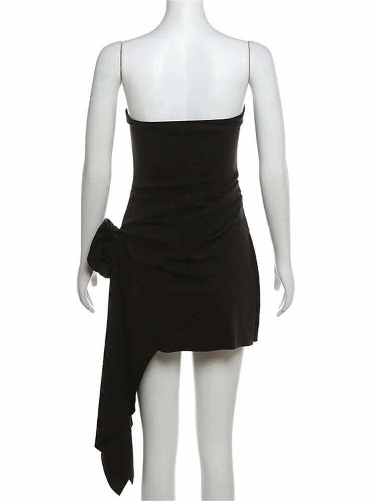 Party Dresses- Elegant Strapless Asymmetrical Dress with Rosette- - IndioGear.com