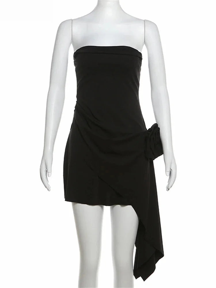 Party Dresses- Elegant Strapless Asymmetrical Dress with Rosette- - IndioGear.com