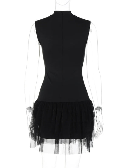 Party Dresses- Evening High Neck Tulle Mini Dress- - IndioGear.com