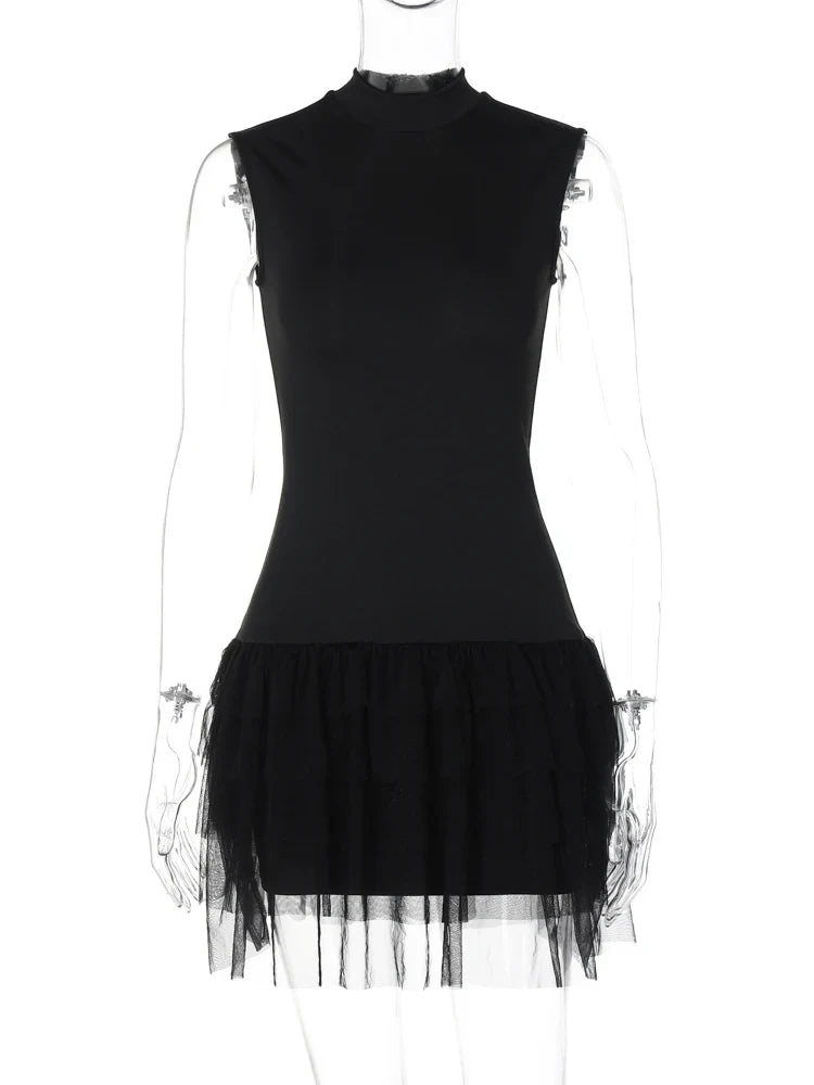 Party Dresses- Evening High Neck Tulle Mini Dress- - IndioGear.com